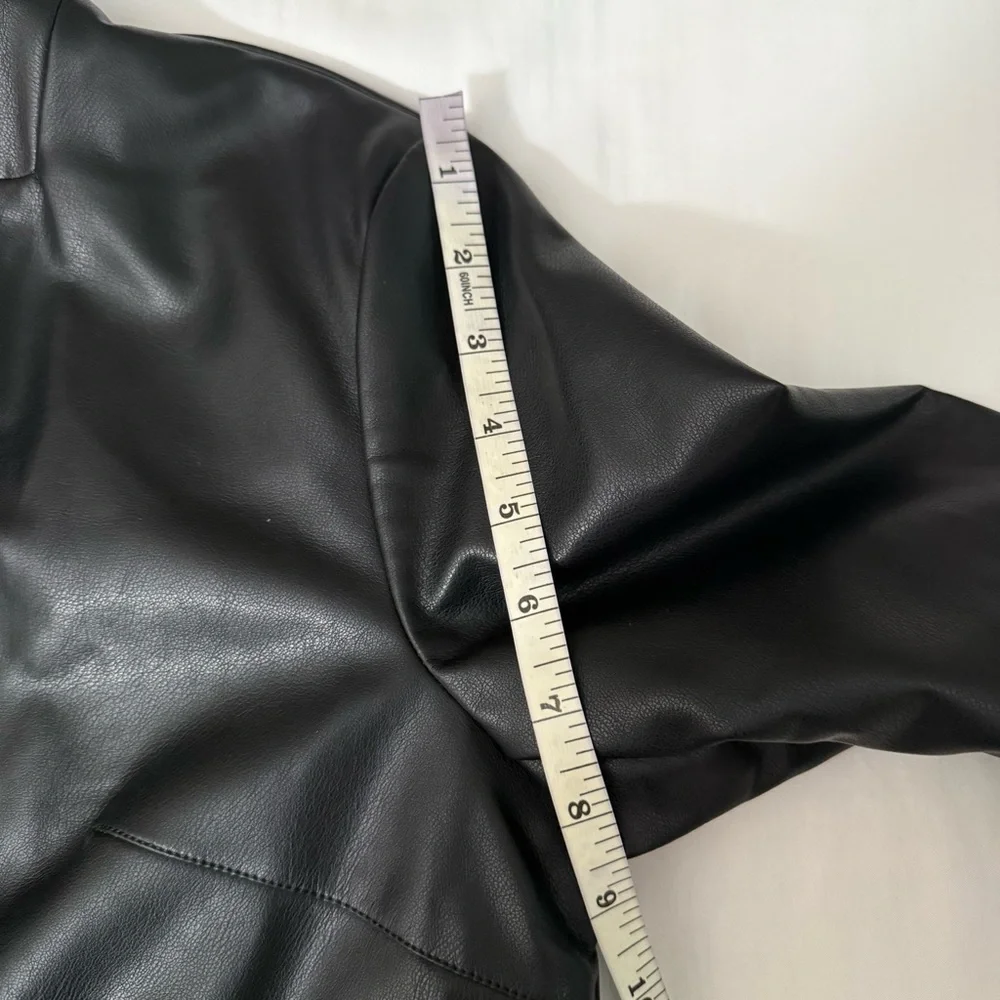 Black faux leather lapel collar belted open front trench coat - Picture 13 of 15